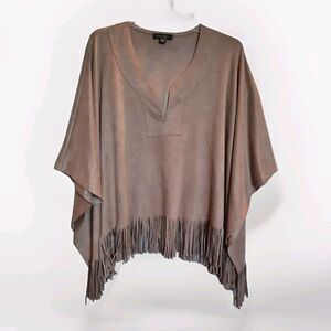 Karen Kane Oversize Almond Beige Soft Faux Suede Fringe Poncho Top L72551 Sz M/L